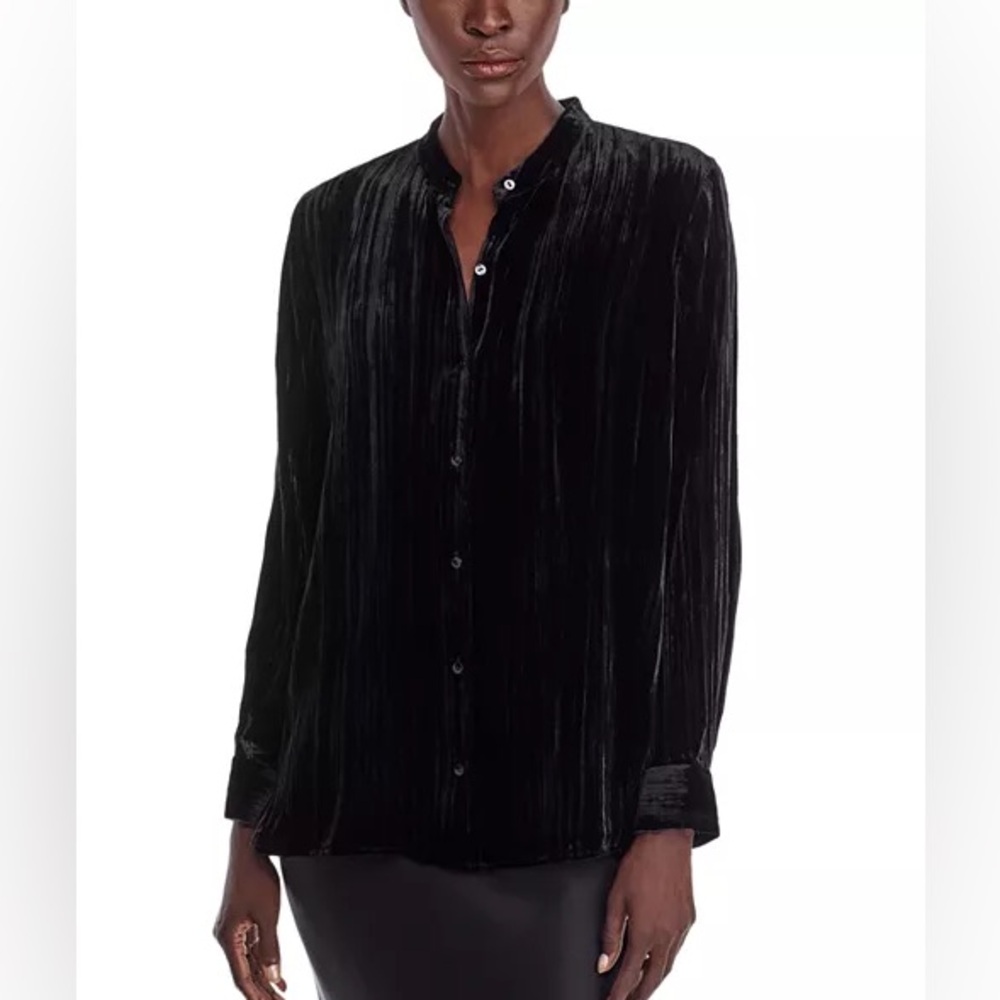 Eileen Fisher Crushed Velvet Mandarin Collar Shirt in Black, Size 1X